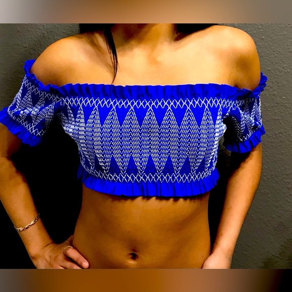 Ted Baker Smocked Bardot Bikini Top In Bright Blue size 1 - Picture 1 of 7